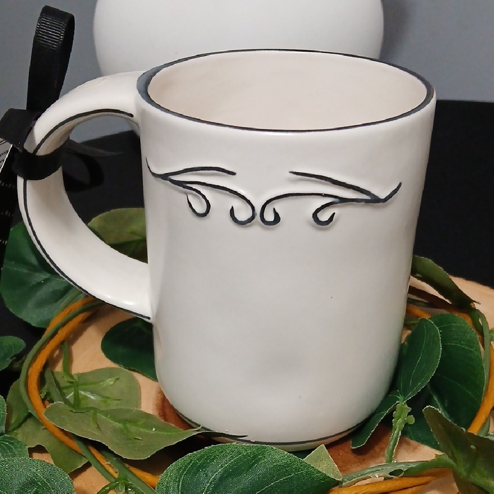 Rae Dunn White Mug with Black Script and Scroll Accents NWT - Picture 4 of 8